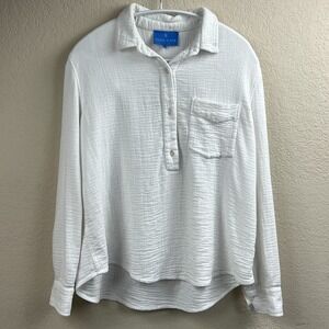 Alice Walk Top Women's Medium White Airy‎ Cotton Gauze 1/2 Button Popover Beach*